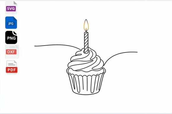 Cupcake with Candle Line Art SVG